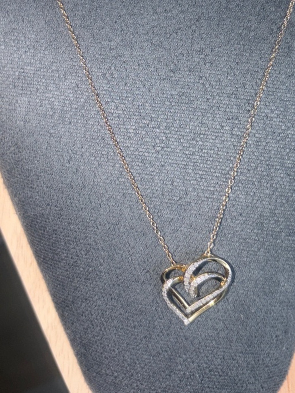 Gold plated over 925  Double-Heart Pendant Necklace  with .20 natural diamonds.